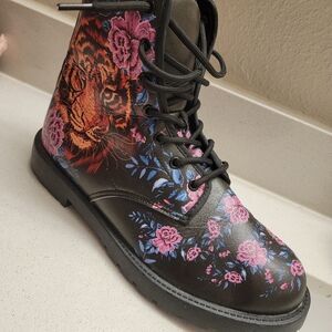 Combat Boots - Tiger & Flowers #2 | Women's Black Hipster Boots, Vegan Leather
